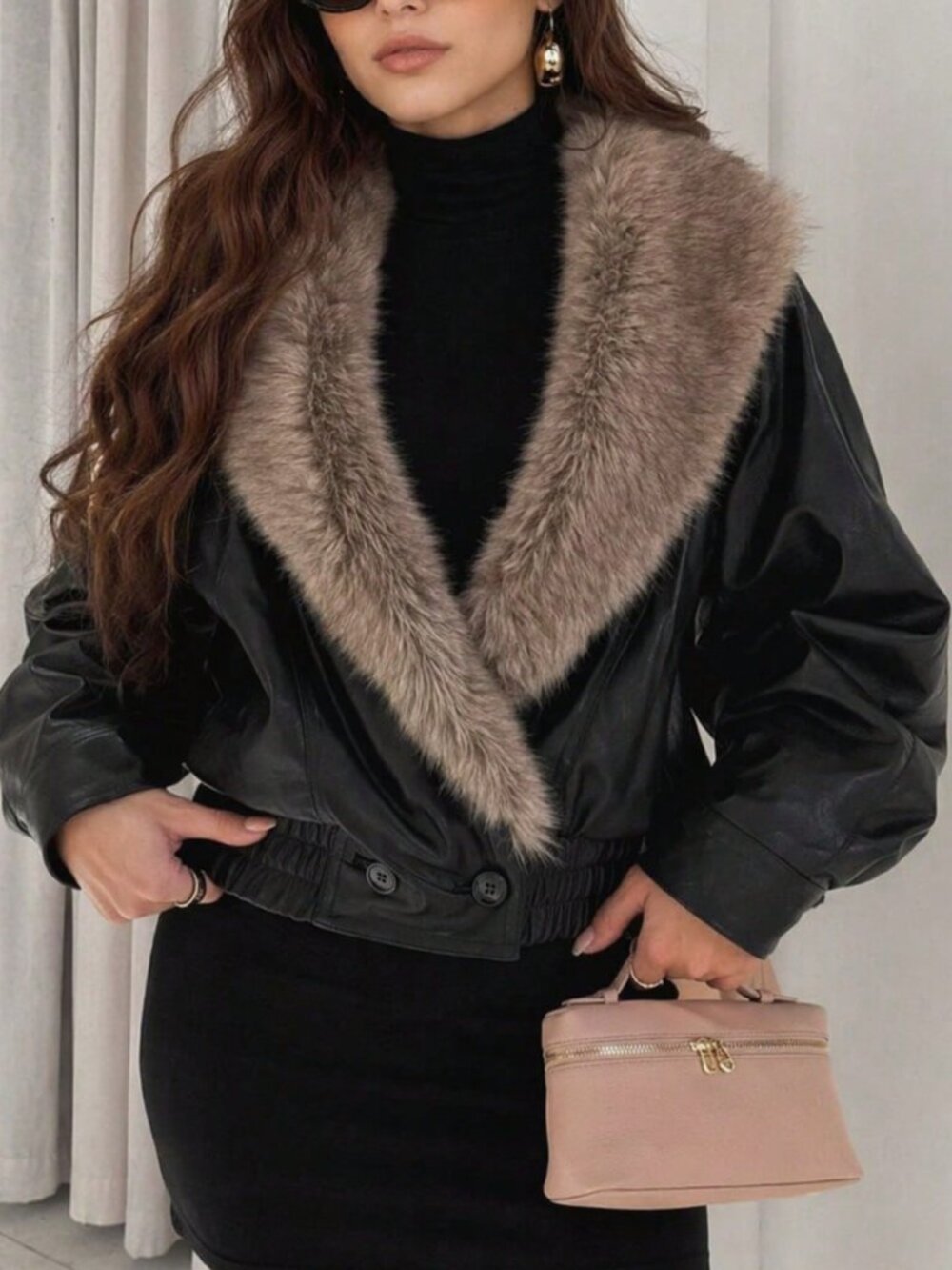 Black Casual Women's Detachable Fur Collar faux leather